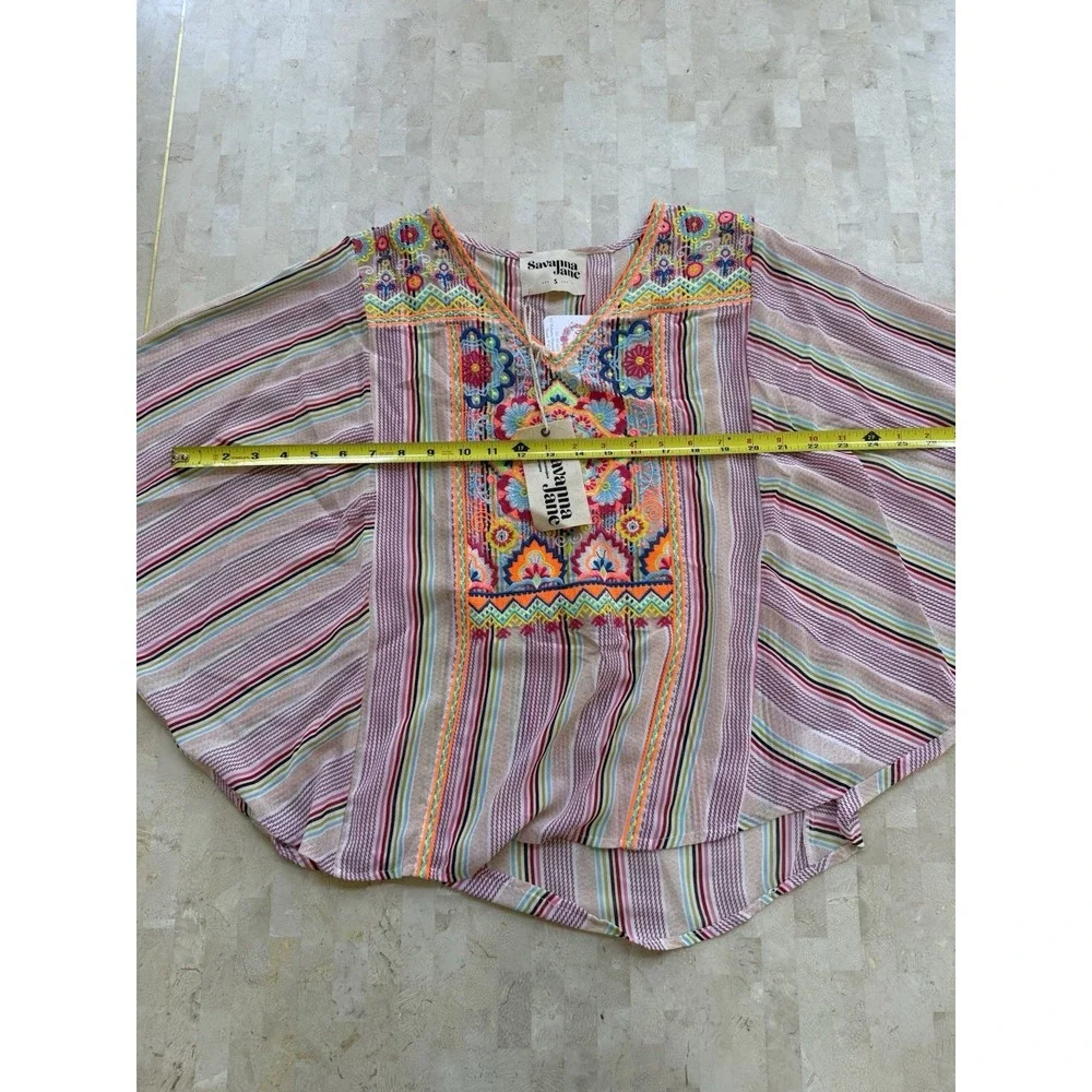 Savanna Jane NWT Stripe Floral Embroidered Flowy Top S Colorful Boho Poncho - Picture 3 of 7
